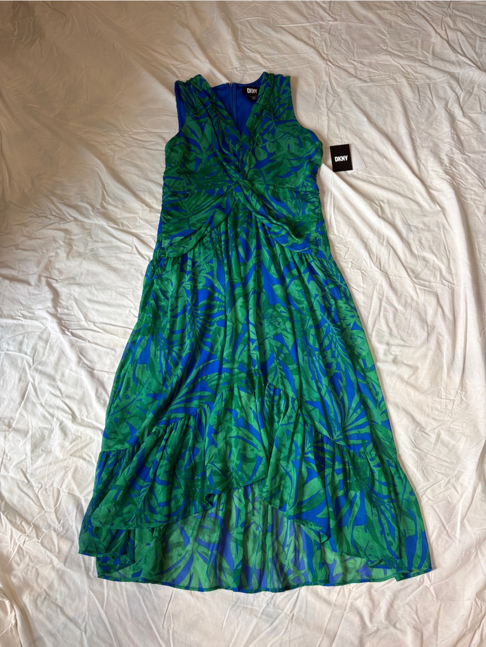 DKNY Blue high, low midi Dress with Green Leaf Print. Size 12. New with tags